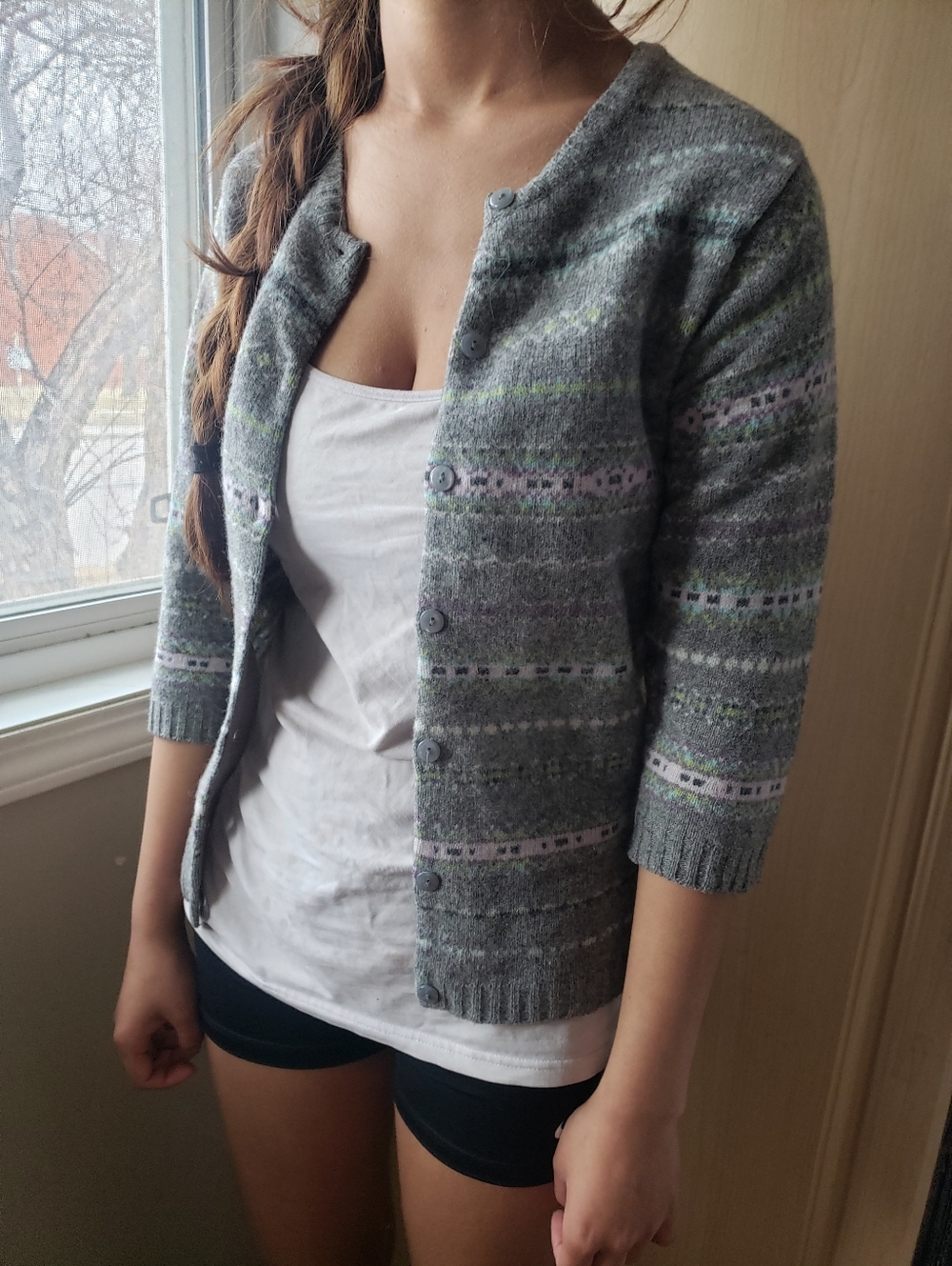 Vintage GAP 100% Wool Gray Fair Isle Sweater Cardigan with Pastel Accents Y2K